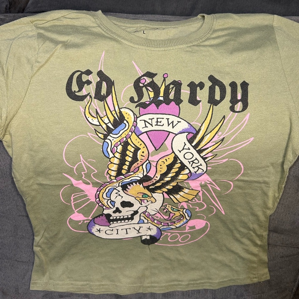 Ed Hardy Olive Baby Tee with Eagle and Skull Design